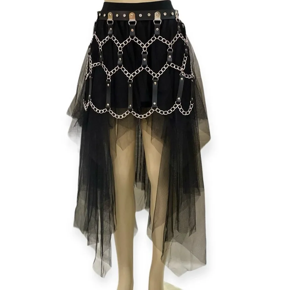 Black Leather Harness Waist Wide Skirt Chain Belt - NEW